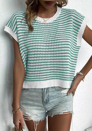 Leiden Stripe Ribbed Trim Knitted Green Vest
