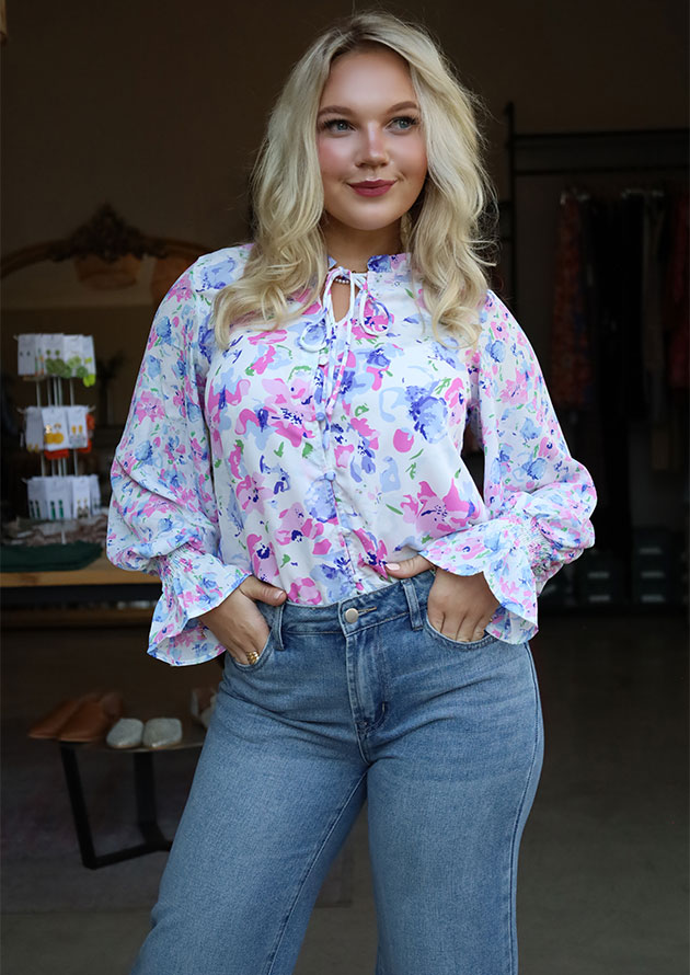 Little Wild Floral Smocked Long Sleeve Purple Blouse