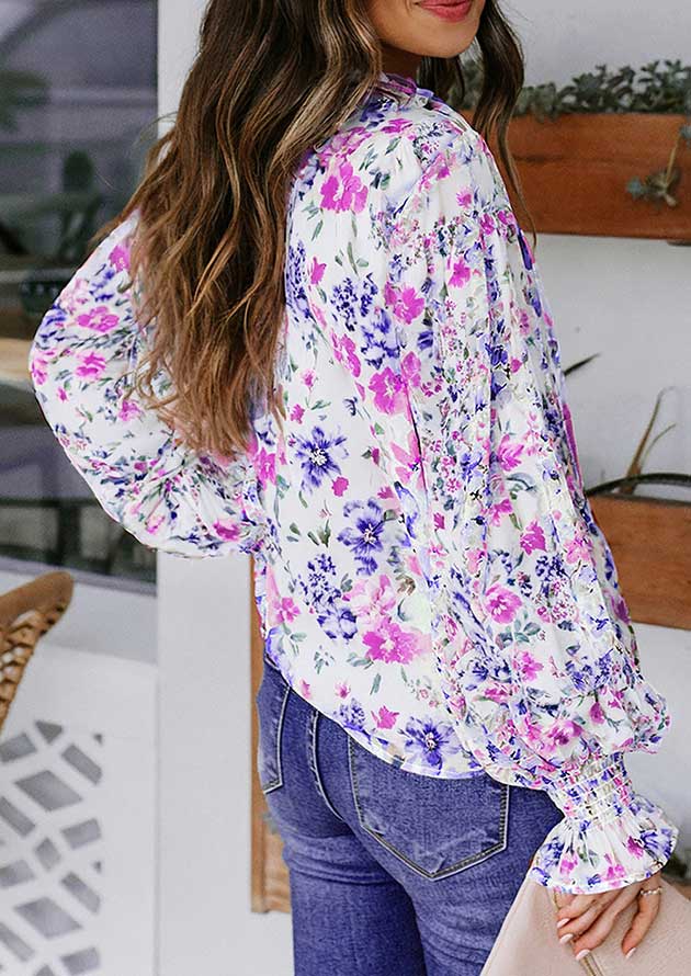 Little Wild Floral Smocked Long Sleeve Purple Blouse - Image 2
