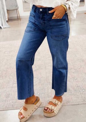 Liverpool Frayed Cropped Straight Dark Blue Jeans