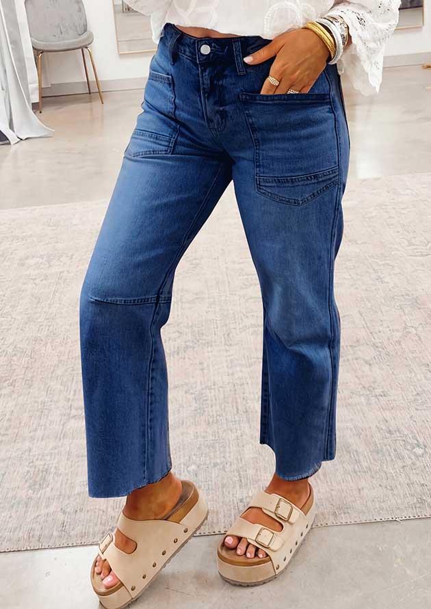 Liverpool Frayed Cropped Straight Dark Blue Jeans