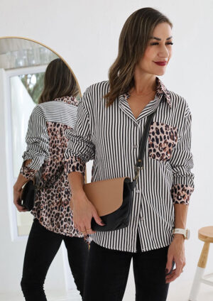 Mafeking Striped Buttoned Patchwork Black Leopard Blouse