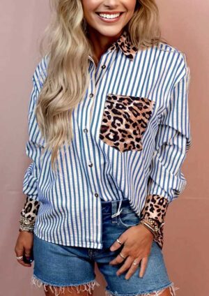 Mafeking Striped Buttoned Patchwork Blue Leopard Blouse