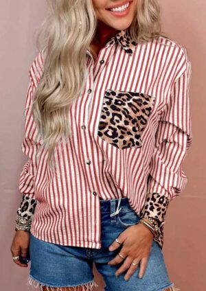 Mafeking Striped Buttoned Patchwork Pink Leopard Blouse