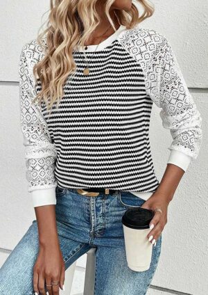 Milazzo Stripe Textured Hollow Lace Long Sleeve Top