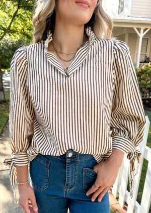 Montego Striped Tied Cuffs Long Sleeve Brown Blouse