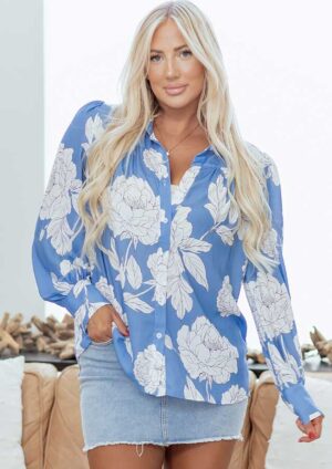 Nantes Floral Button Pleated Puff Long Sleeve Blue Blouse
