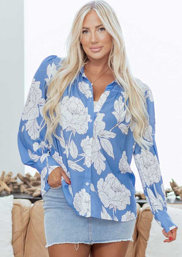 Nantes Floral Button Pleated Puff Long Sleeve Blue Blouse