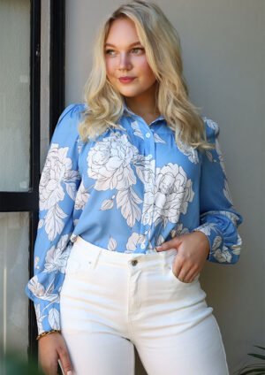 Nantes Floral Button Pleated Puff Long Sleeve Blue Blouse