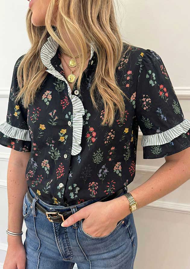 Nieuport Floral Contrast Frilled Trim Black Blouse