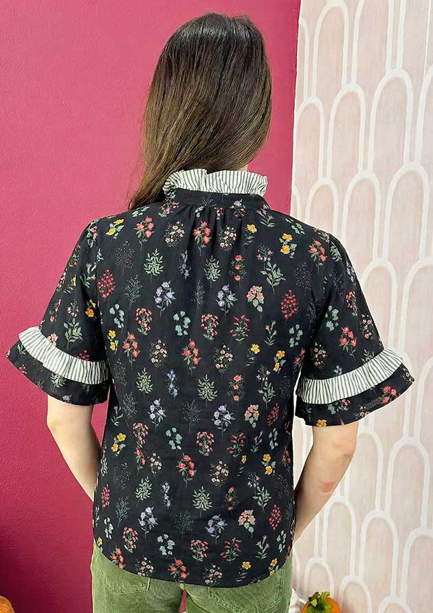 Nieuport Floral Contrast Frilled Trim Black Blouse - Image 2