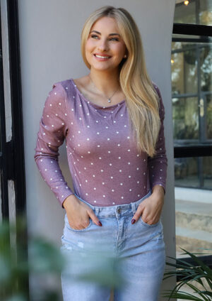 Notre Polka Dot Boat Neck Knit Long Sleeve Brown Top