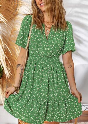 Ontario Floral Wrap V Neck High Waistband Green Short Dress