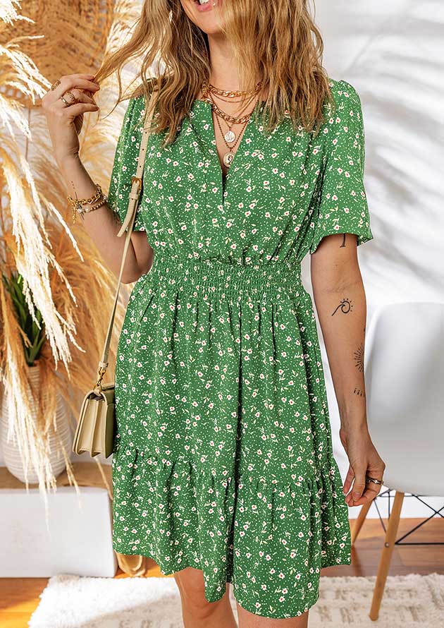 Ontario Floral Wrap V Neck High Waistband Green Short Dress - Image 3