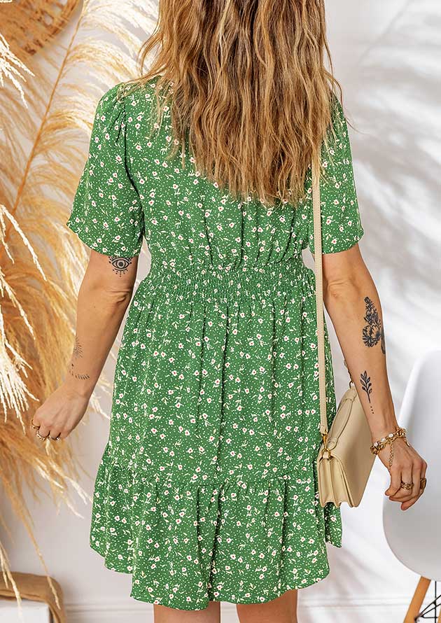 Ontario Floral Wrap V Neck High Waistband Green Short Dress - Image 2