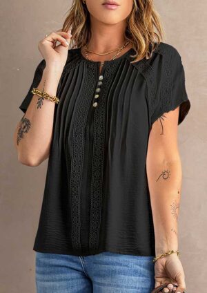 Oregon Crochet Eyelet Pleated Black Top