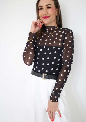 Paris Polka Dot Bodycon Mock Neck Long Sleeve Black Top