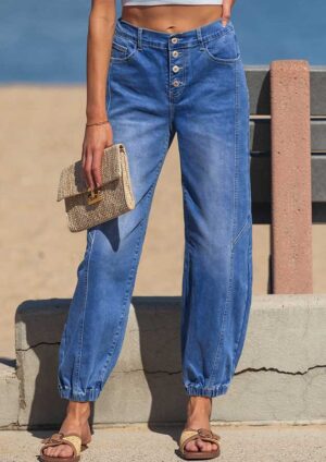 Pavlon Buttons Front Tapered Casual Loose Fit Blue Jeans
