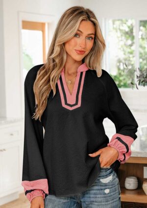 Pennine Colour Block V Neck Long Sleeve Black Blouse