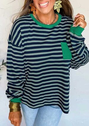 Pinnola Stripe Crew Neck Long Sleeve Green Top