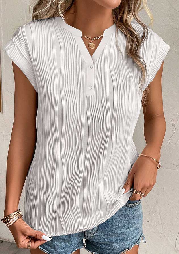 Poplin Wavy Textured Button V Neck White Blouse - Image 3