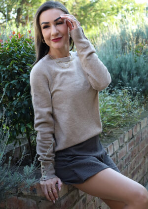Rhodes Buttoned Long Sleeve Crew Neck Camel Sweater