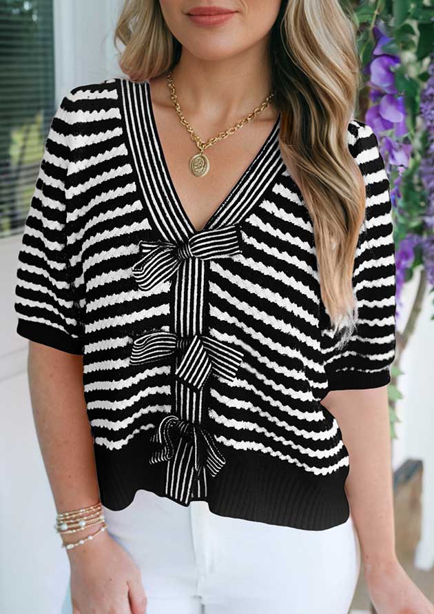 Robben Stripe Knit V Neck Bow Black Knit Top - Image 3