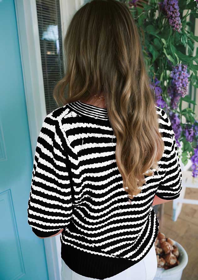 Robben Stripe Knit V Neck Bow Black Knit Top - Image 2