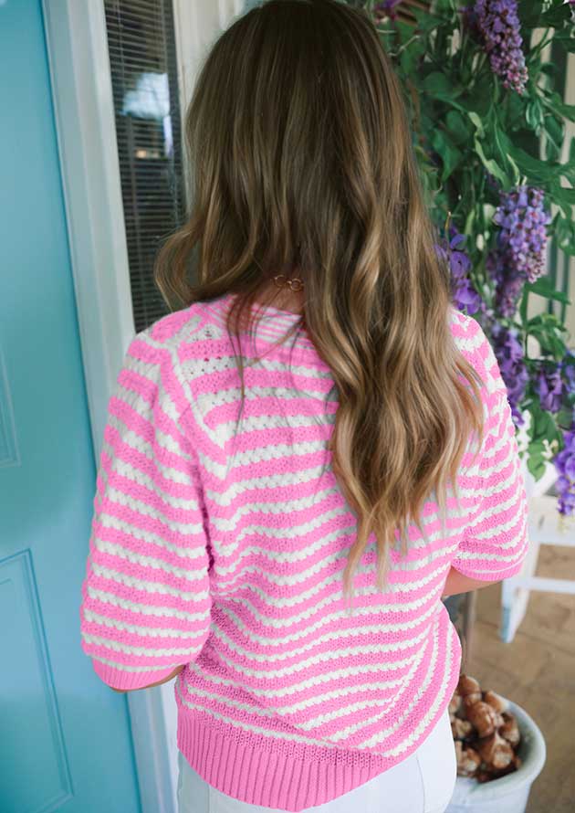 Robben Stripe Knit V Neck Bow Pink Knit Top - Image 2