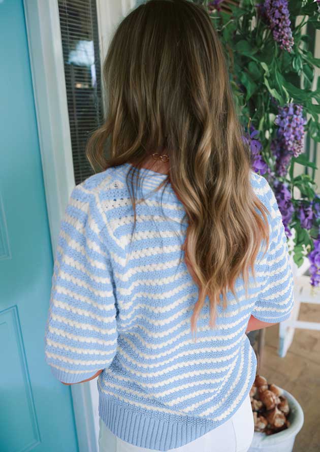 Robben Stripe Knit V Neck Bow Sky Blue Knit Top - Image 2