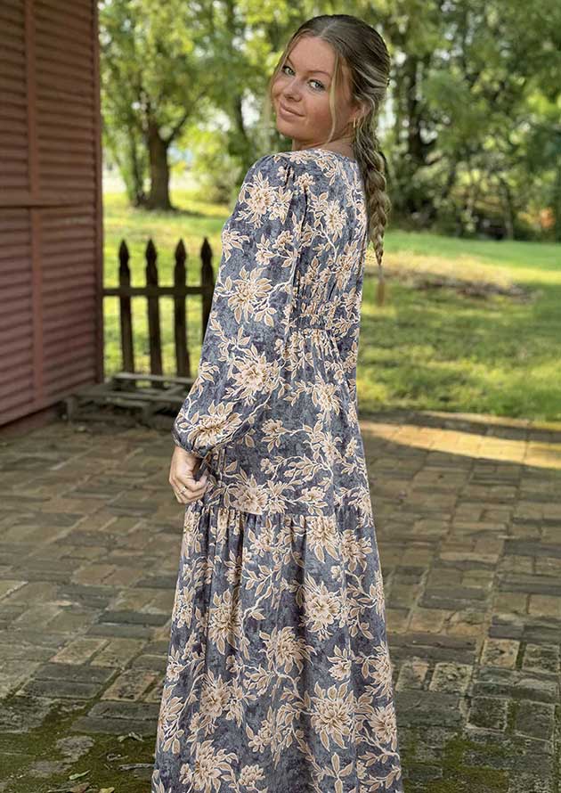 Rocella Floral Smocked High Waist Long Sleeve Blue Maxi Dress - Image 2