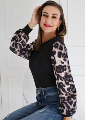 Roxo Puff Sleeve Patchwork Khaki Leopard Top