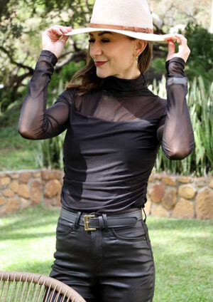 Scotland Sheer Mesh High Neck Long Sleeve Black Top