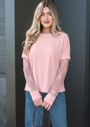 Sheik Bow Textured Patchwork Long Sleeve Pink Top