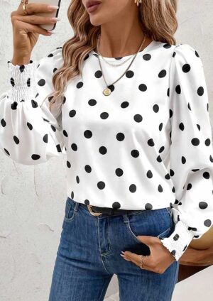 Solbay Polka Dot Round Neck Frilled Long Sleeve White Blouse