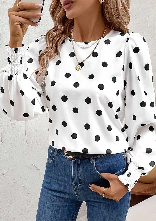 Solbay Polka Dot Round Neck Frilled Long Sleeve White Blouse