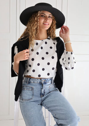 Solbay Polka Dot Round Neck Frilled Long Sleeve White Blouse