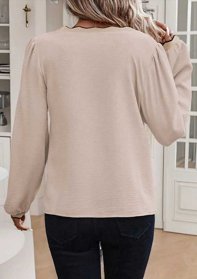 St James Scallop Trim V Neck Long Sleeve Beige Blouse - Image 2