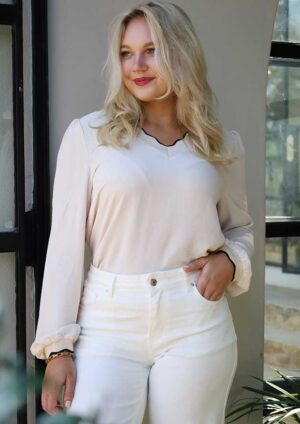 St James Scallop Trim V Neck Long Sleeve Beige Blouse