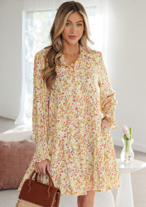 SweetnessFloral Frilly Smocked Cuff Long Sleeve Short Dress