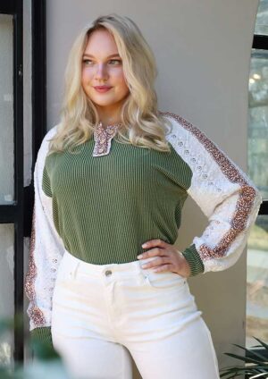 Tarifa Ribbed Lace Contrast Long Sleeve Green Leopard Top