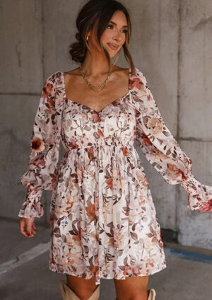Waltz Floral Sweetheart Neck Long Sleeve Short Dress