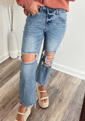 Watson Raw Hem Ripped Open Knee Fit Flare Jeans