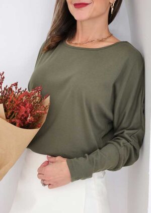 Ylta Solid Colour Extended Cuff Long Sleeve Green Top