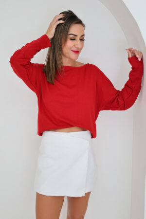 Ylta Solid Colour Extended Cuff Long Sleeve Red Top