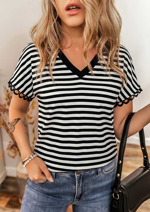 Zeplin Striped V Neck Delicate Trim Black Top