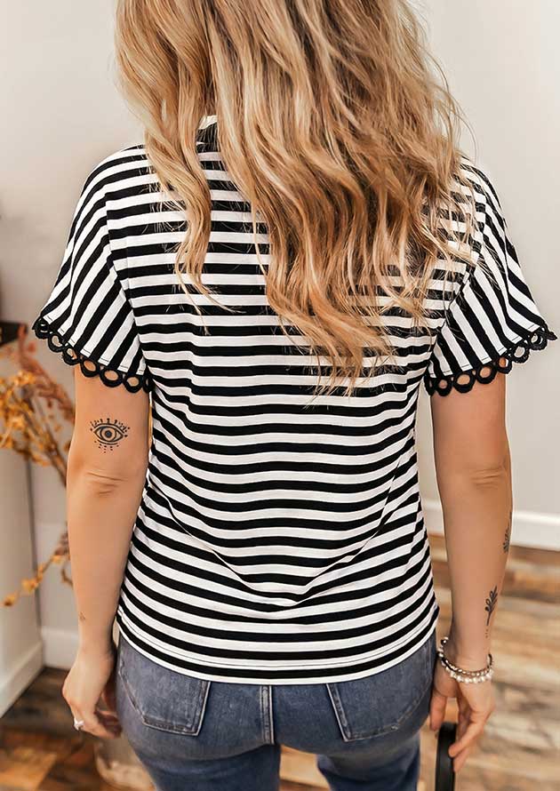 Zeplin Striped V Neck Delicate Trim Black Top - Image 2