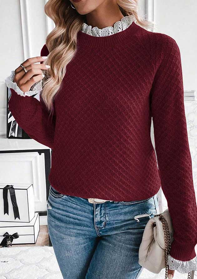 Berry Burgundy Frilled Raglan Sleeve Sweater
