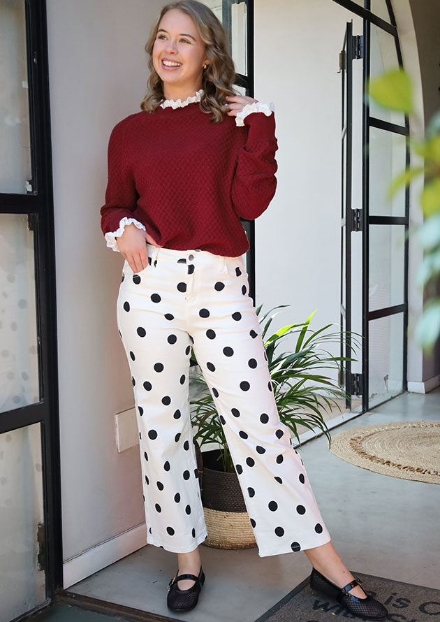 Berry Burgundy Frilled Raglan Sleeve Sweater - Image 3