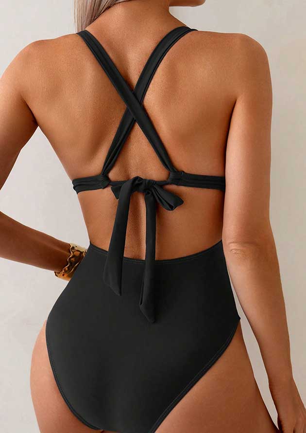 Capella Knot Back Gold Plunging Black One Piece Swimsuit - Image 2